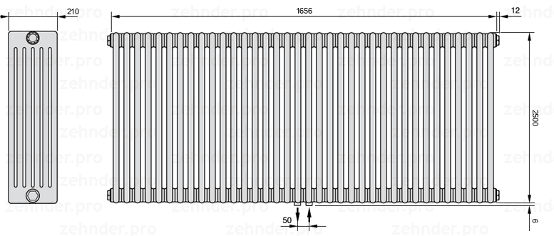 Схема (чертеж) Радиатор Zehnder Charleston 6250/36 №5410 Белый глянцевый RAL 9016
